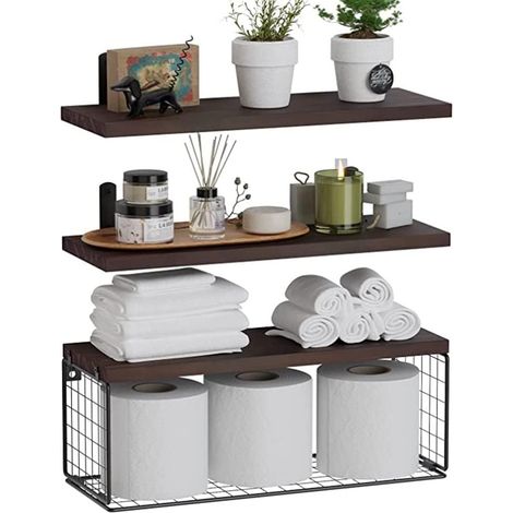 Etagère murale flottante en à 3 niveaux avec panier de rangement pour chambre salon cuisine décoration plantes livres Bois (1/5)