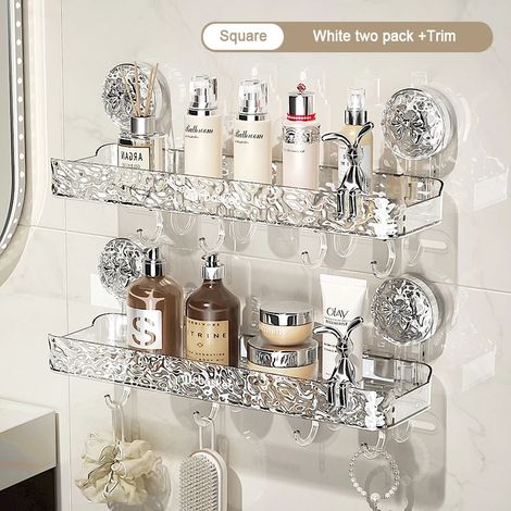 (Mix 5-M) Étagère de rangement de salle de bain transparente et légère, fixation murale luxueuse, non perforée, ventouses puissantes (1/5)
