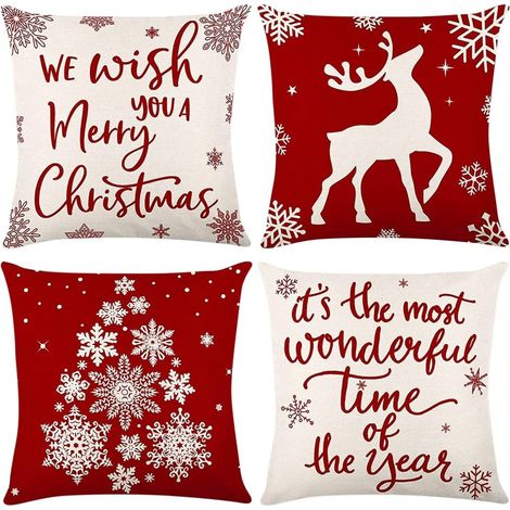 Housse de coussin Joyeux Noël, motif sapin de Noël, neige et cerf, rouge, en lin, décorative, pour salon, voiture, 45 x 45 cm, lot de 4. (1/5)