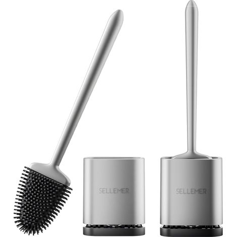 2 Pièces Brosse WC Silicone, Support Ventilé Séchage Rapide, Installation Murale ou au Sol, Tête Plate pour Cuvette (1/5)