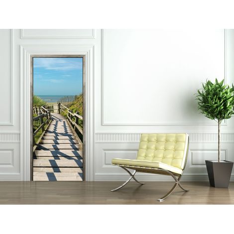 Sticker décoratif pour porte, trompe l'oeil bois 204 cm X 83 cm, encadrement de porte dans les dunes, bord de mer, sur chemin d'escalier en bois. (1/2)