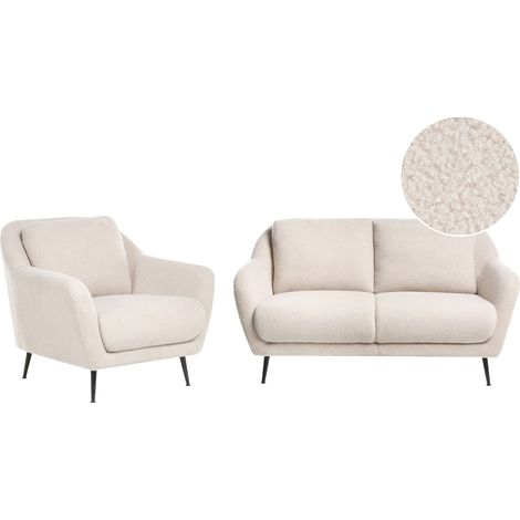 Set di divani a 3 posti boucle beige Gambe nere in ferro con braccioli Eiby