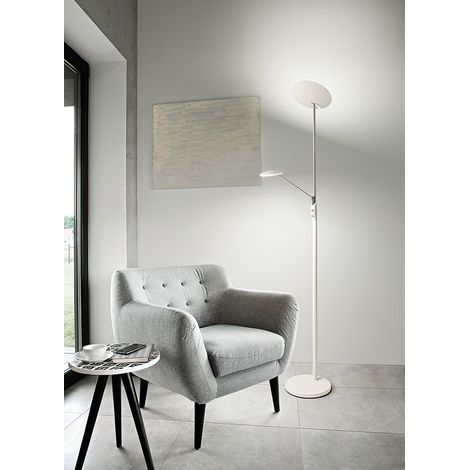 Lampadaire LED en Métal Blanc et Chrome, Double Émission 28W+5W 3000K Dimmable, Design Moderne H.183cm - Perenz. Luminaire élégant d'intérieur.