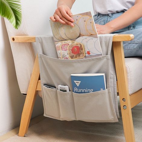 Pochette de Rangement pour Accoudoir de Canapé en Toile Gris Clair, 36 x 82 cm, Multi-Compartiments pour Télécommandes et Magazines, sans Outils, Style Japonais (1/5)