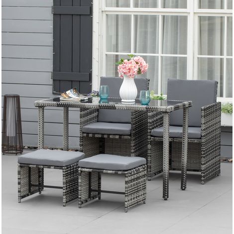 Ensemble de jardin en polyrotin 4 places gris avec coussins, structure métal, table plateau en verre trempé (1/5)