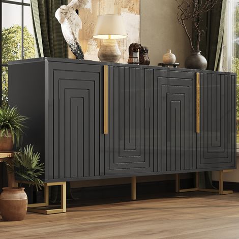 MEUBLIV Buffet 152x40x75 cm noir – 2 portes, 4 compartiments, style géométrique (1/5)