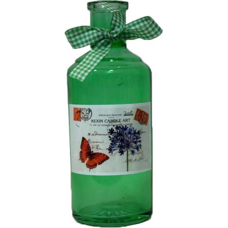 Bottiglia decorativa in vetro verde con fiocco e adesivo.