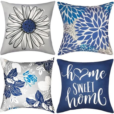Lot de 4 housses de coussin décoratives bleues 45,7 x 45,7 cm, carrées en lin, style ferme, extérieur, moderne, bohème (1/5)