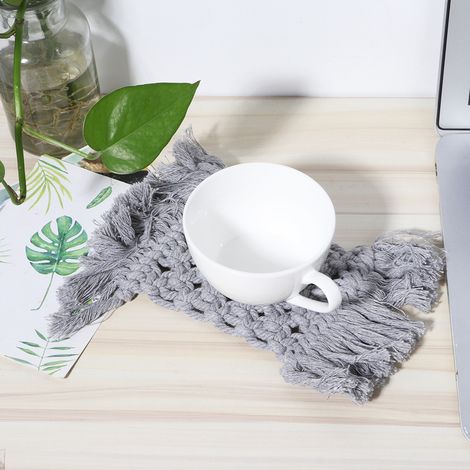 Élégant dessous de tasse rectangulaire antidérapant en fil de coton, napperon/sous-main/tapis de café avec pompon décoratif (gris rectangulaire) (1/5)