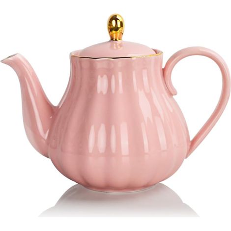 Théière en porcelaine avec infuseur et couvercle, 890 ml avec filtre pour thé/café/lait/bureau/maison (forme de citrouille, rose) (1/5)