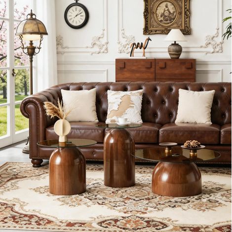 Set de 3 tables gigognes rondes walnut en métal et verre trempé avec rangement empilable (1/5)