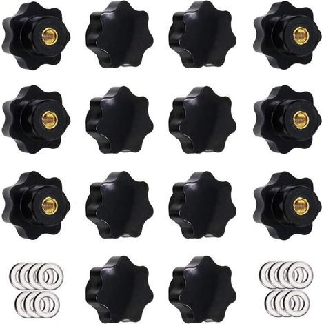 14 Pièces M6 Bouton de Serrage à Filetage Moleté, Poignée en étoile, Boutons à Main en Forme d'étoile Bouton de Serrage en Plastique Noir avec Rondelles (1/4)