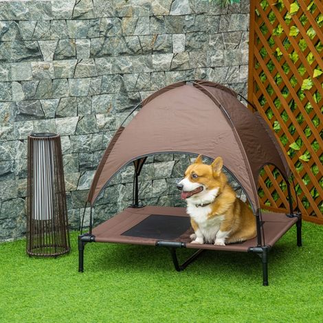 Lit pour chien surélevé avec auvent, lit pour animaux de compagnie, lit pour chien d'extérieur avec toit, respirant, en tissu taffetas pour le camping 92 x 76 x 90 cm (1/5)