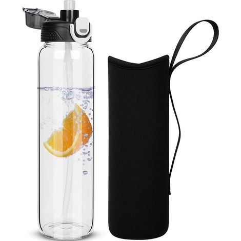 1l Gourde en Verre avec Paille, 1 litre Bouteille d'eau en Verre Borosilicaté Anti-fuite avec étui de Protection en Néoprène