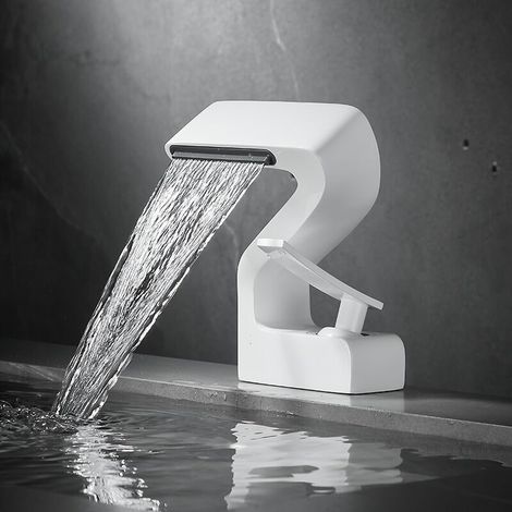 Robinet Cascade pour Lavabo - Mitigeur Monocommande 1 Trou en Laiton Blanc (Chromé)- Installation Facile - Pour Salle de Bain Contemporaine (1/4)