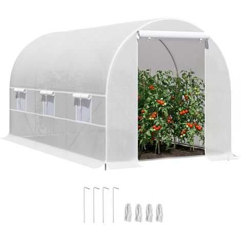 Serre tunnel de jardin - Outsunny - 8m² -400x200x200 cm - porte 6 fenêtres - cadre en métal, bâche PE haute densité 140 g/m² - blanc