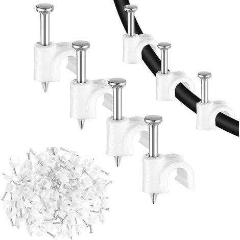 Lot de 100 clips de câble avec clous en acier, clips muraux de 10 mm, gestion de câbles Ethernet, téléphonique, bureau, TV (1/5)