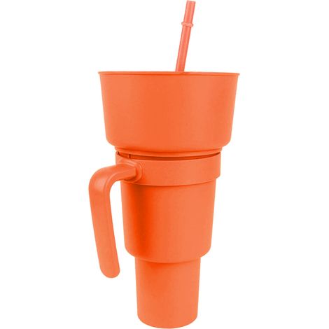 2-in-1-Snackbecher mit Strohhalm – Große Öffnung für Getränke und Erdnüsse – Ideal für Kino, Zuhause und unterwegs – Orange (1/5)