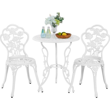 Homevive Conjunto de Mesa y Sillas Exterior Vintage Juegos de Muebles de Jardín de Aluminio Una Mesa con Dos Sillas para Balcón Blanco
