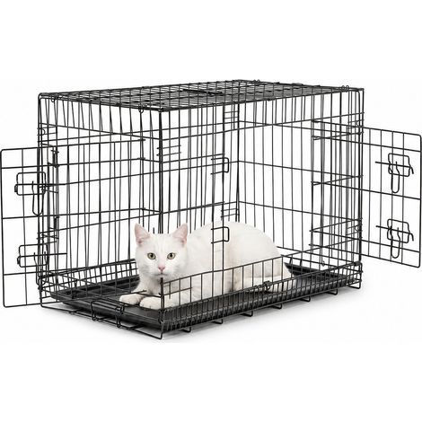 lionto Transportkäfig für Katzen aus Metall, stabil & klappbar mit Trennwand & Kunststoffbodenwanne, 76x49x56 cm