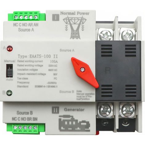 Commutateur auto compact 2 alimentations – Type rail solaire – Transfert secteur/générateur – Sécurité électrique (1/5)