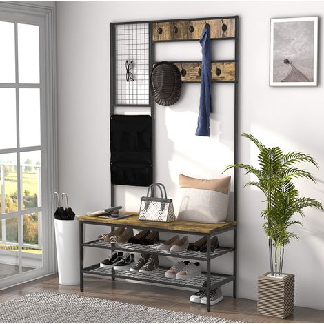 Vestiaire d'entrée 100x40x185 cm brun en bois avec banc, 9 crochets, tableau mémo et étagère à chaussures (1/5)