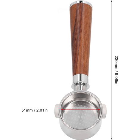 Ortviai Portafiltre 51 mm sans fond pour machine à café Delonghi EC0310, en acier inoxydable 304, poignée en bois de rose thaï (1/4)