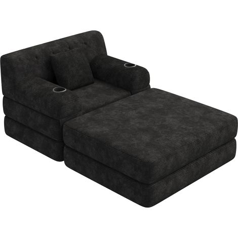 Poltrona letto 1 posto con pouf in velluto a coste, schienale alto e 2 portabicchieri (1/5)