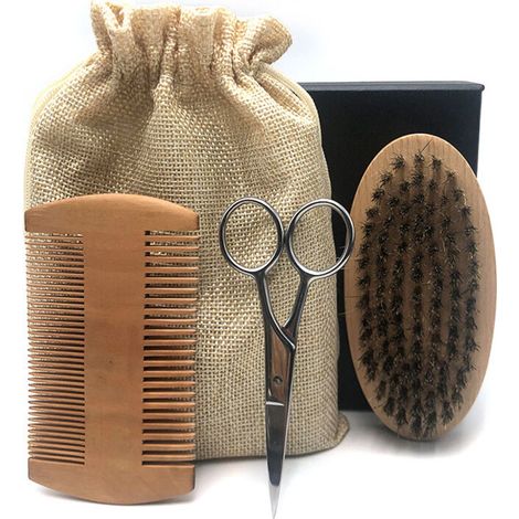 Juego de cepillo y peine para barba Hair Dough, tijeras para hombre, incluye un cepillo de cerdas suaves de jabalí, un peine de bambú de dientes anchos y tijeras para bigote. Suaviza y deja el vello s (1/5)