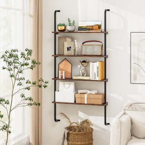 Étagère Murale Industrielle à 4 Niveaux en Tubes Etagères Flottantes en Bois avec Cadre en Métal Etagère Murale Suspendue Brun (1/5)