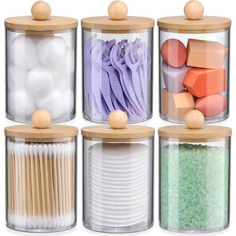 Scatola per cotton fioc da 6 pezzi con coperchio in bambù, dispenser da bagno in acrilico da 295 ml per mobiletto del bagno, piccolo contenitore per cotton fioc con 12 etichette bianche