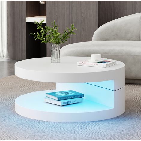 Table basse ronde 70x70x35.5 cm blanche en MDF avec plateau pivotant 360° et éclairage LED (1/5)