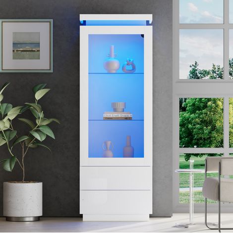MEUBLIV Vitrine 60x40x171 cm blanche brillante avec LED, 2 tiroirs et porte transparente (1/5)