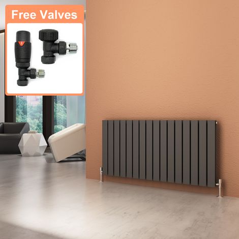 ELEGANT Horizontal Radiator Double Flat Panel 600x1216mm Designer Anthracite Radiator with Thermostatic Radiator Valves (1/5)