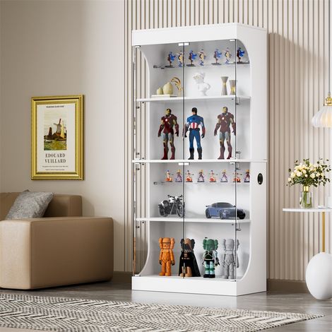 Vitrine en verre à 4 niveaux - 165x80x35cm - Éclairage LED capteur intelligent et station de charge USB - Blanc (1/5)