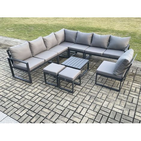 Fimous 10 Seater Patio Outdoor Garden Furniture Aluminium Lounge Corner Sofa Set with Square Coffee Table 2 Small Footstools Dark Grey (1/5)