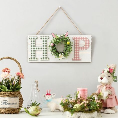 2 decorazioni pasquali per la porta: ghirlanda con coniglietti e cartello in legno per la porta d'ingresso. (1/5)
