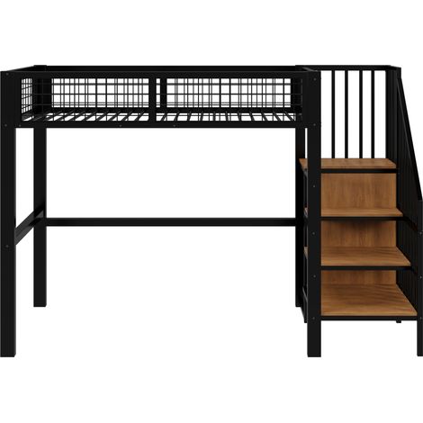 Lit mezzanine 90200 avec échelle, lit enfant avec cadre en fer et étagère de rangement, armoire noire (1/5)