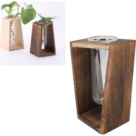 Vase hydroponique créatif en verre, fabriqué à partir d'un tube à essai, en bois, pour bureau ou maison. Pothos, pot pour barbecue au charbon de bois. (1/5)