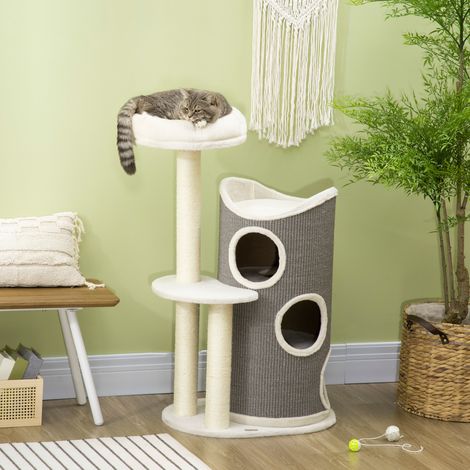 Albero per gatti 109 cm con cilindro tiragraffi, nicchia e pali in sisal, bianco e grigio OKMYHOME (1/5)