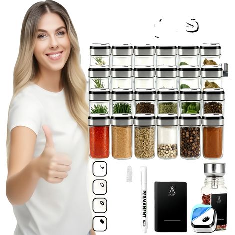 Juego de botes para especias, soporte giratorio de 360°, almacenamiento ajustable, 24 piezas. (1/2)