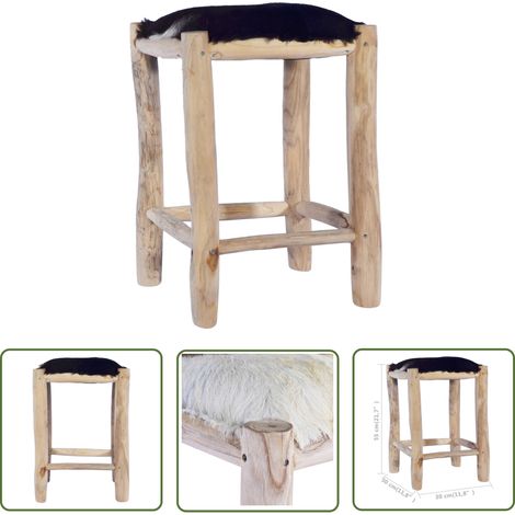 The Living Store Tabouret de bar Cuir de chèvre véritable et bois de teck massif - Tabouret De Bar - Tabouret - Chaise Haute - Mobilier De Cuisine - Décoration Intérieure (1/5)