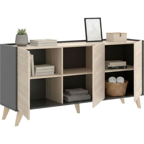 Dmora - Sideboard Dadop, Buffet für Wohnzimmer, Modernes Sideboard für Wohnzimmer mit 3 Türen, 155x43h75 cm, Eiche und Anthrazit