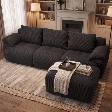 Divano angolare componibile 3 posti con pouf - 264x89x71 cm - soggiorno moderno in velluto a coste - grigio (1/5)
