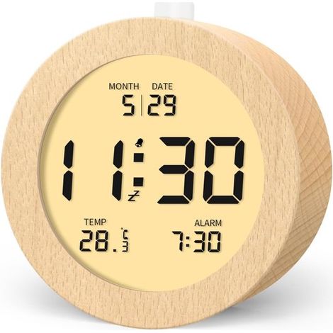 Reloj despertador digital de madera con pantalla LCD que muestra la temperatura y la fecha,función de repetición de alarma (1/2)