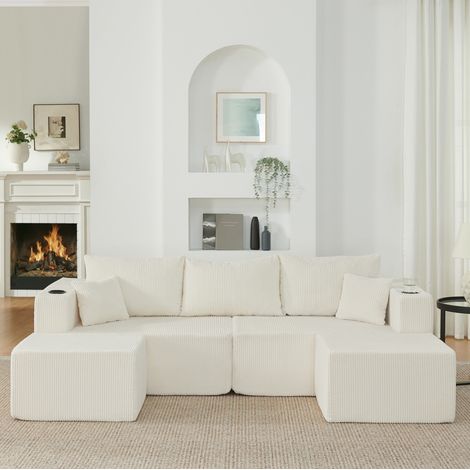 Sofá esquinero modular de 3 plazas con otomanas móviles, portavasos, bolsillos laterales y tapicería de pana beige (1/5)