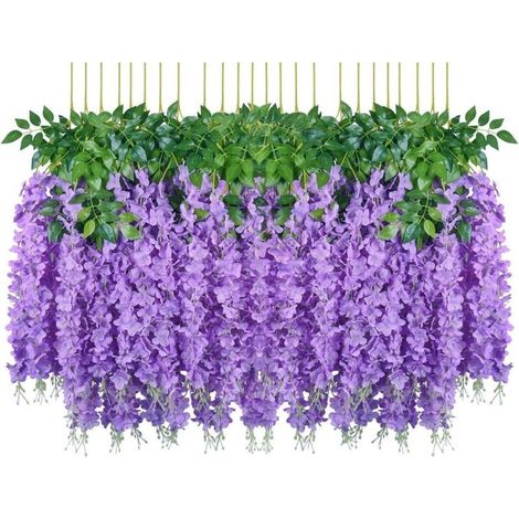 Fleurs artificielles, 24 pièces artificielles faux glycine vigne suspendus fleurs en soie décor de fête de mariage à la maison (24 pièces, 110 cm / chaque brin, violet) (1/4)