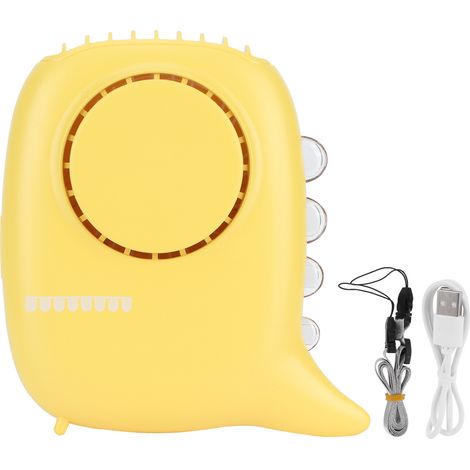 Ventilateur portable cou nu jaune, mini ventilateur suspendu avec 3 vitesses de vent, recharge USB