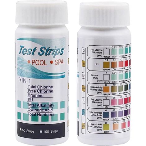 100 pièces 7 en 1 Bandelette Piscine Test Piscine pour Piscine et Spa D'eau Test Durete D'eau pour Tester Chlore Libre, L'alcalinité Totale et pH (1/5)