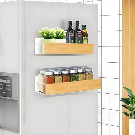 Etagere Magnetique Frigo Blanche, Lot de 2 Étagère Aimantée Frigo Bois, Porte Epice Magnetique Support Range Épices Aimanté Bambou pour Rangement et Organisation de la Cuisine, Blanc (1/5)